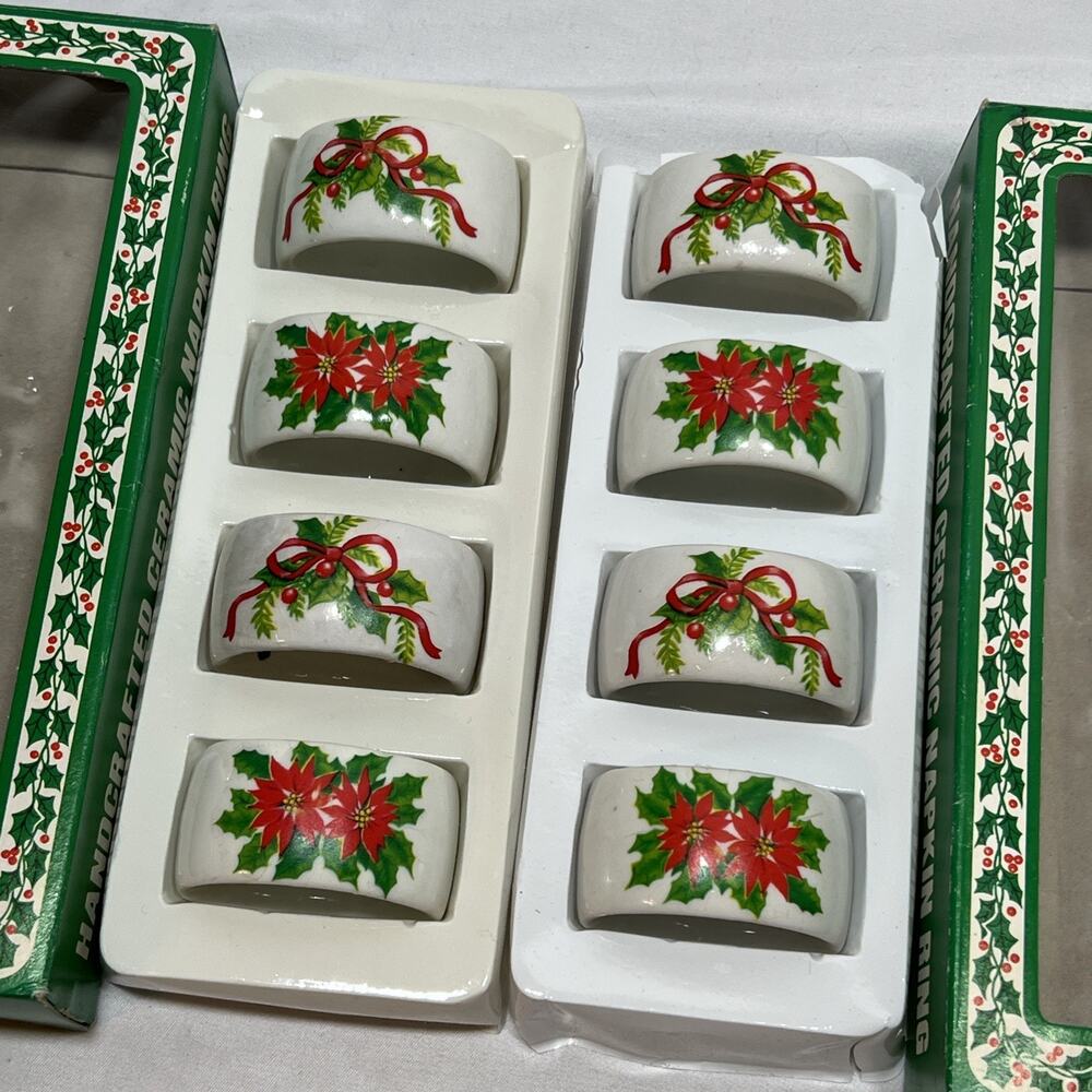 Vintage Set of 8 Poinsettia Holly Red Bows Porcelain Christmas Napkin Rings